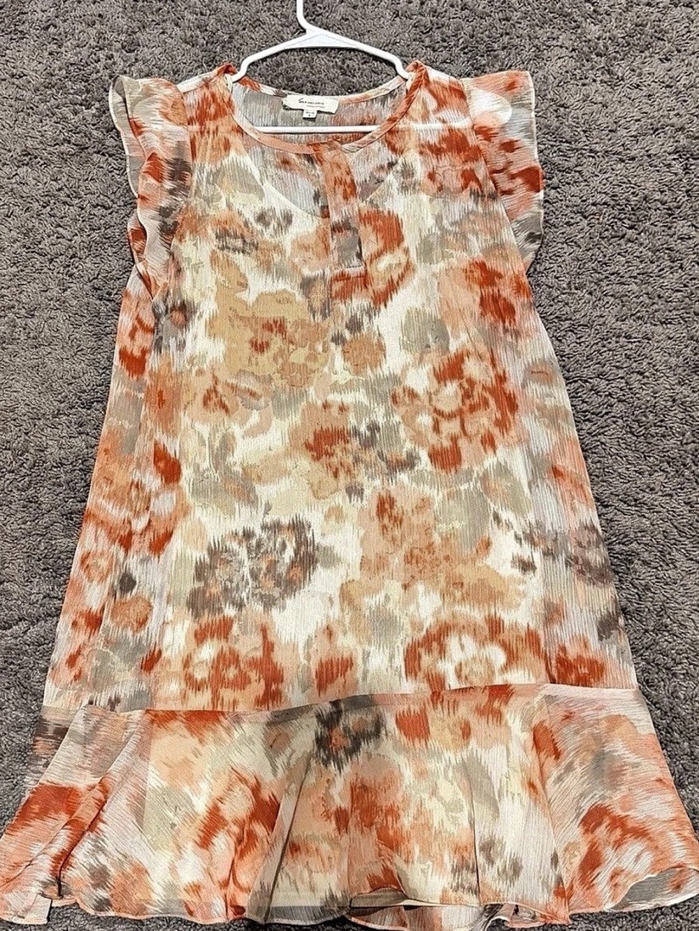 Two by Vince Camuto Dress M Floral Flutter Sleeve Ruffle Hem Shift Orange